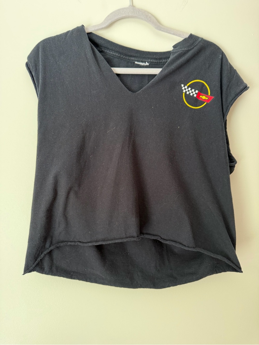 Black V-Neck Cropped Tee with Corvette Racing Emblem